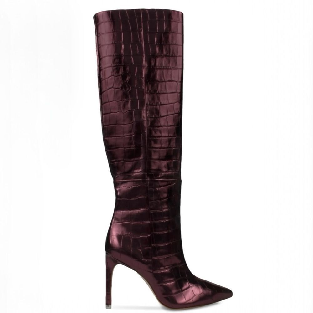 BLACK SUEDE STUDIO Tall Stiletto Boot Croc Embossed Point Toe Oxblood‎ Metallic